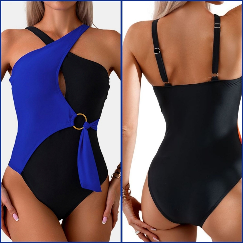 Blue Cutout Contrast Sleeveless One-Piece Swimwear - Picture 4 of 7